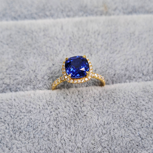 Indica cushion cut Blue Sapphire ring in moissanite and lab diamond by Vai Ra