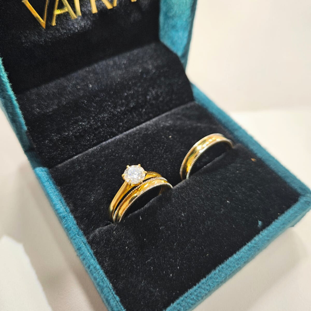 Eterno Duo Couple Ring Set in Moissanite and Lab Diamond by Vai Ra