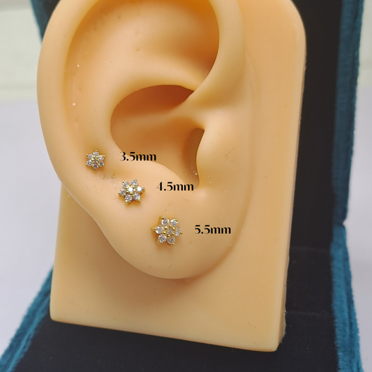 Flower Trio Piercing Ear Rings in Moissanite and Diamonds by Vai Ra