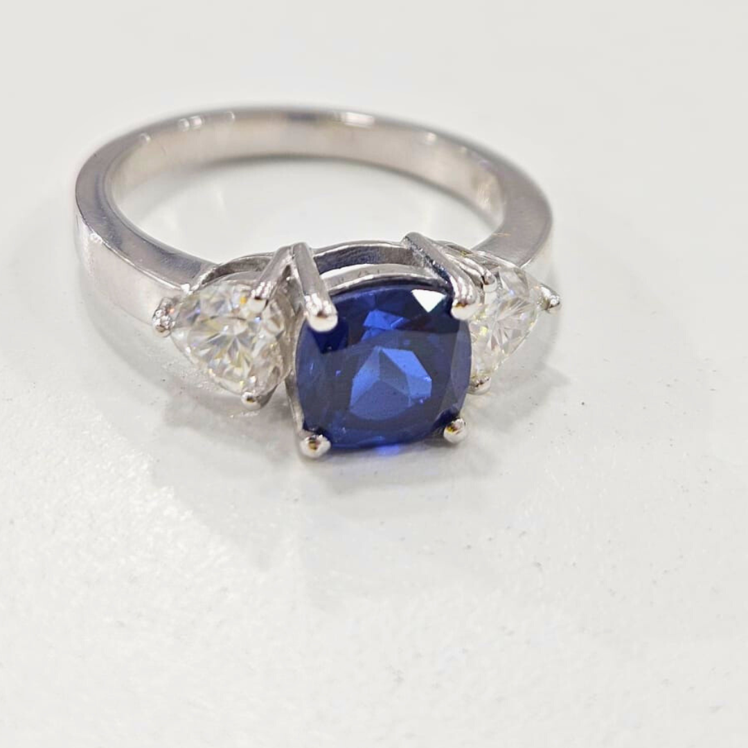 Blue Saphhire Three stone ring in Moissanite and Lab Diamond by Vai Ra