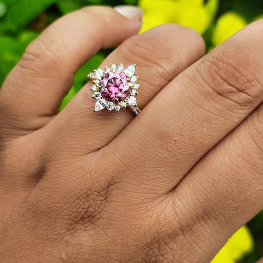 2.35 CT Halo setting pink sapphire ring with moisannite and lab diamond by Vai Ra