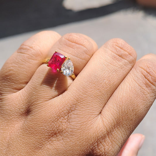Ruby and Pear Toi Et Moi Birthstone ring in Moissanite and Lab diamond by Vai Ra