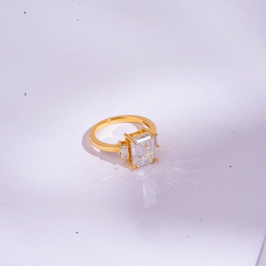 Trinita Threestone Ring Emerald Cut in Moissanite and Lab Diamond by Vai Ra