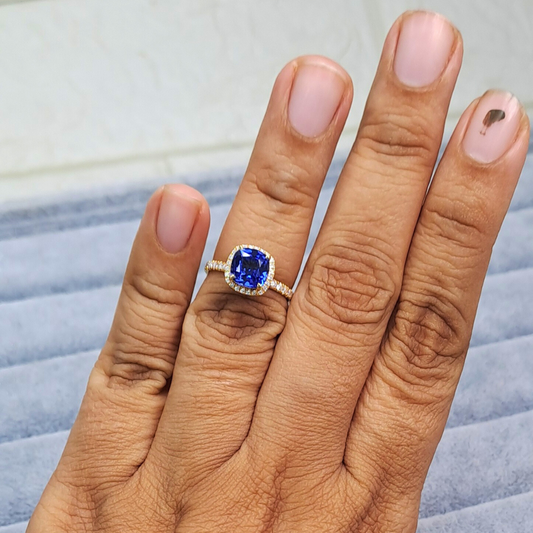 Indica cushion cut Blue Sapphire ring in moissanite and lab diamond by Vai Ra