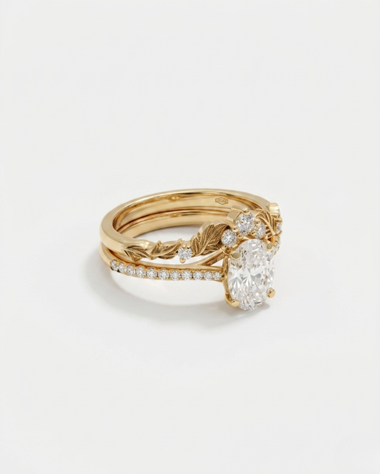 Mina Ring set with Oval Solitaire and V Leaf by Vai Ra in Moissanite and Lab diamond