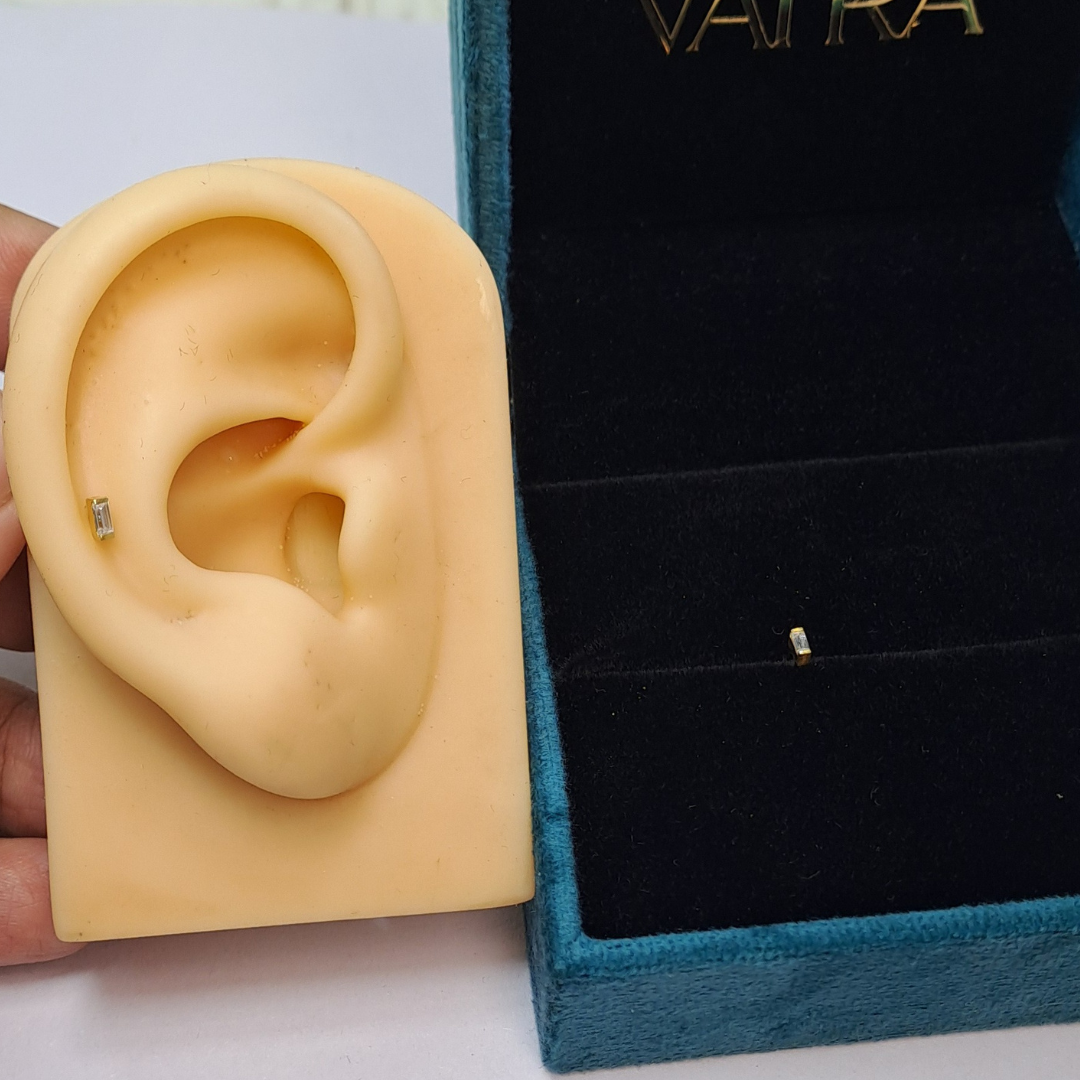 Baguette Bar Piercing Earrings in Moissanite and Lab Diamond by Vai Ra