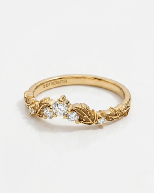 Valli Gold ring with leaf designs and 0.2 CT small diamonds by Vai Ra
