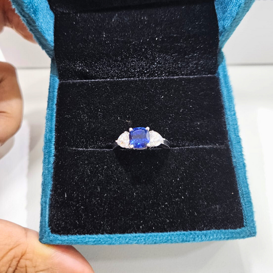 Blue Saphhire Three stone ring in Moissanite and Lab Diamond by Vai Ra