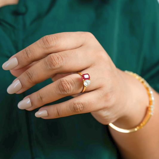 Ruby and Pear Toi Et Moi Birthstone ring in Moissanite and Lab diamond by Vai Ra