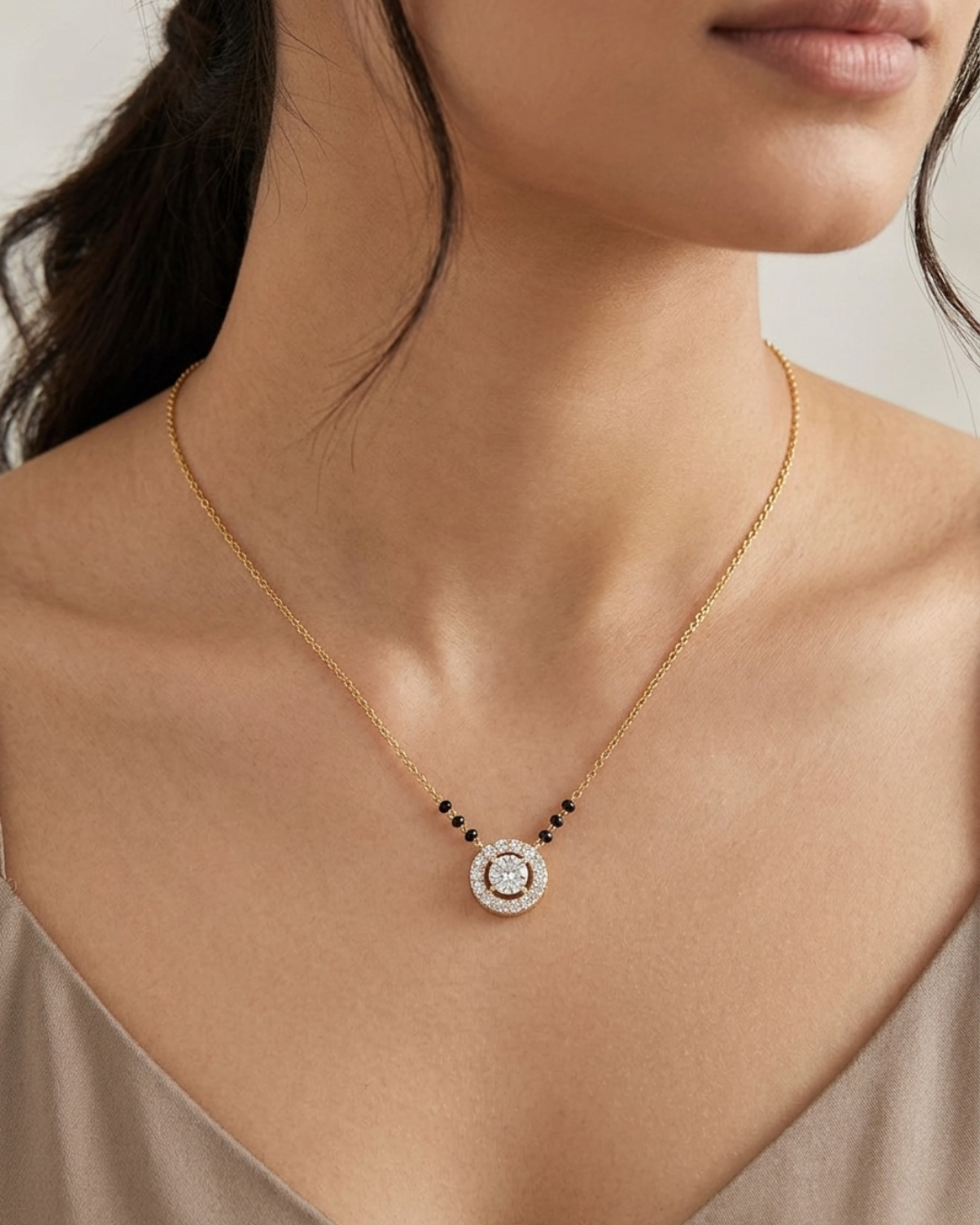 Valaya Halo Mangalsutra by Vai Ra in Gold with Moissanite and Lab Diamond