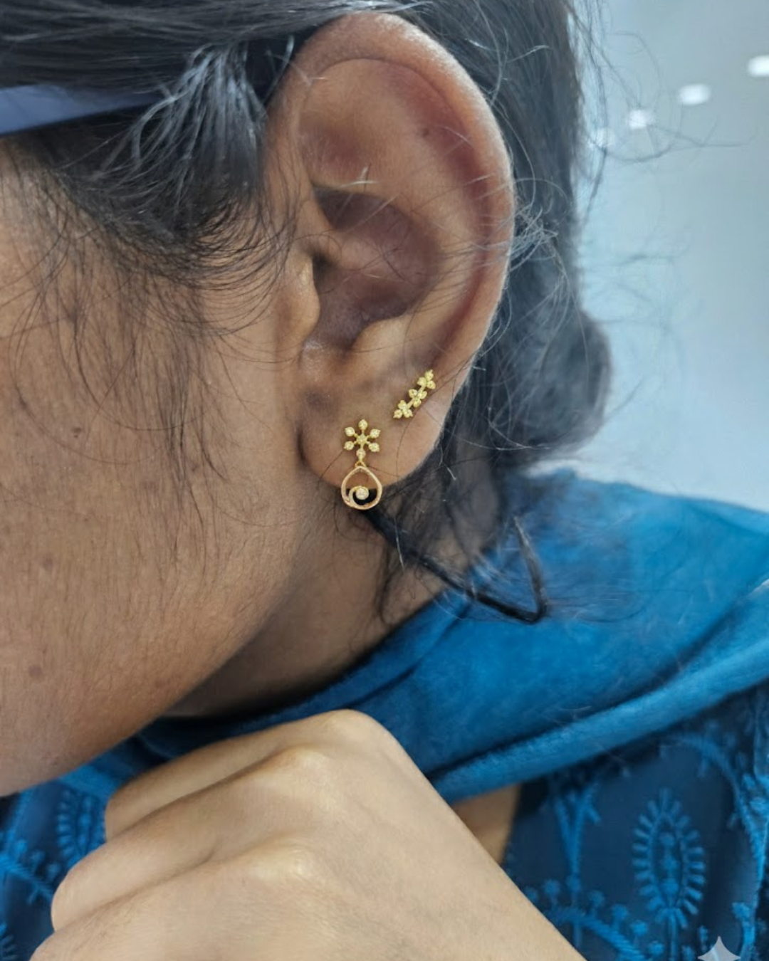 Three flower ear piercing in Lab diamond and Moissanite by Vai Ra