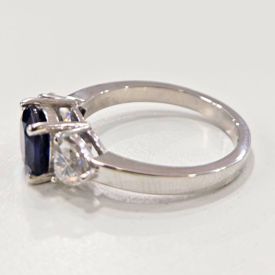 Blue Saphhire Three stone ring in Moissanite and Lab Diamond by Vai Ra