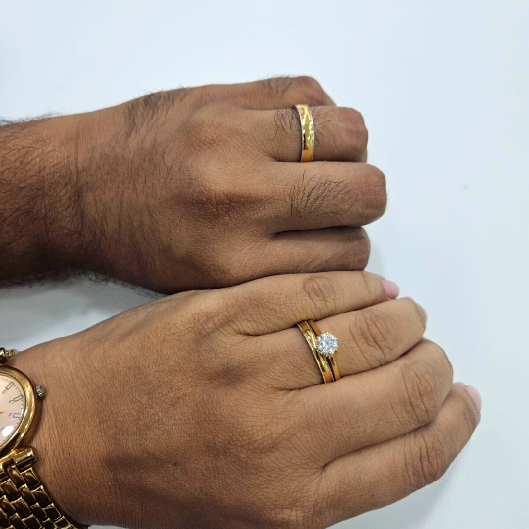 Eterno Duo Couple Ring Set in Moissanite and Lab Diamond by Vai Ra