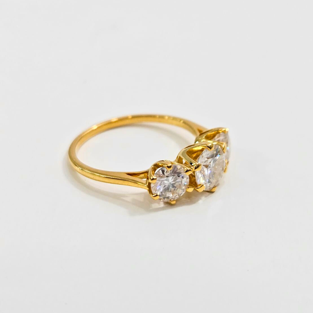 Alvira Threestone Ring in Moissanite and Gold