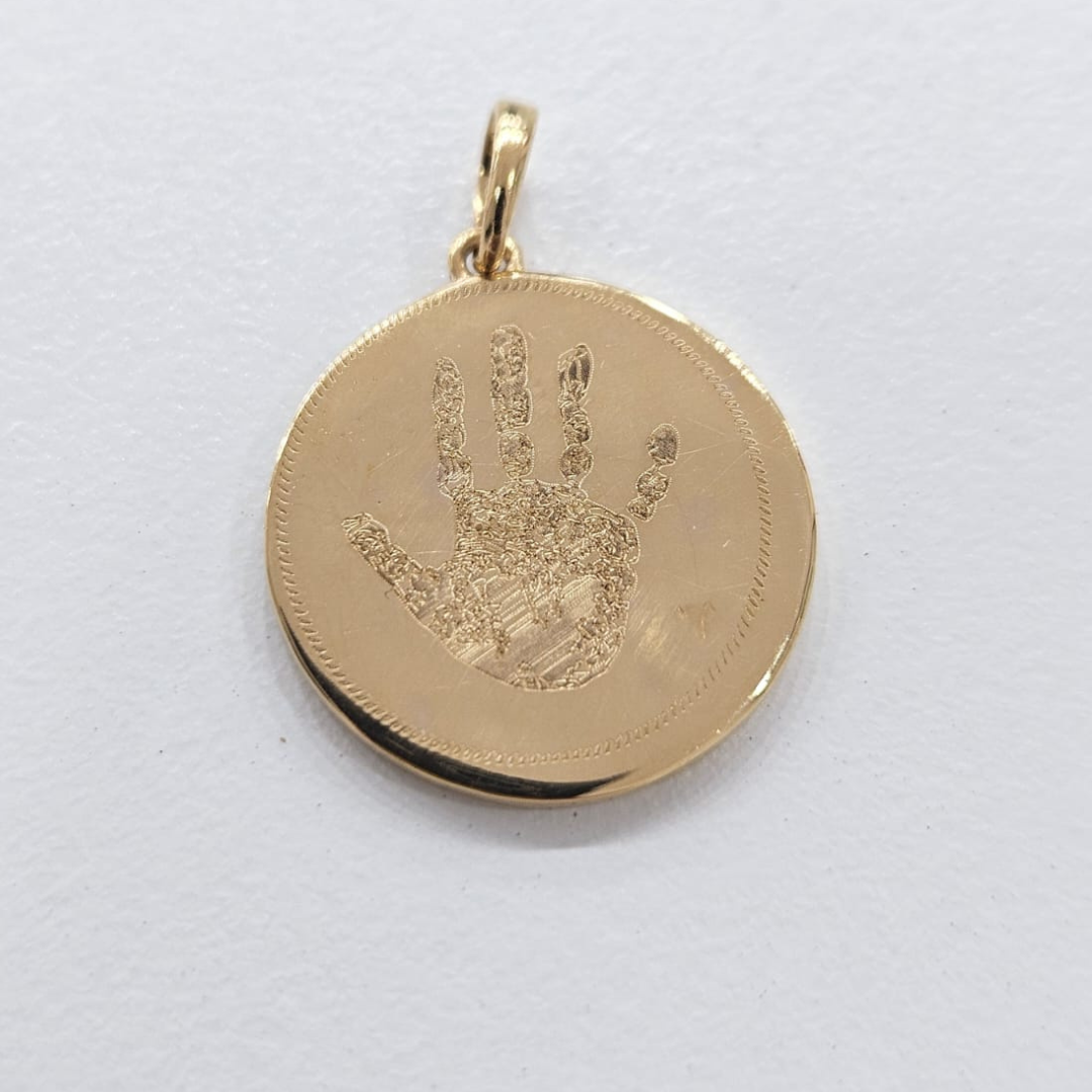 Gold Pendant with Baby Hand imprint and custom engraving by Vai Ra
