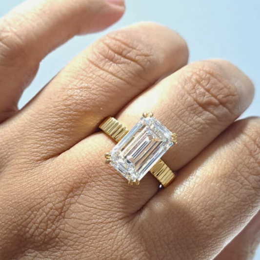 Ishaan 7.38 CT Emerald Cut Moissanite Ring by Vai Ra