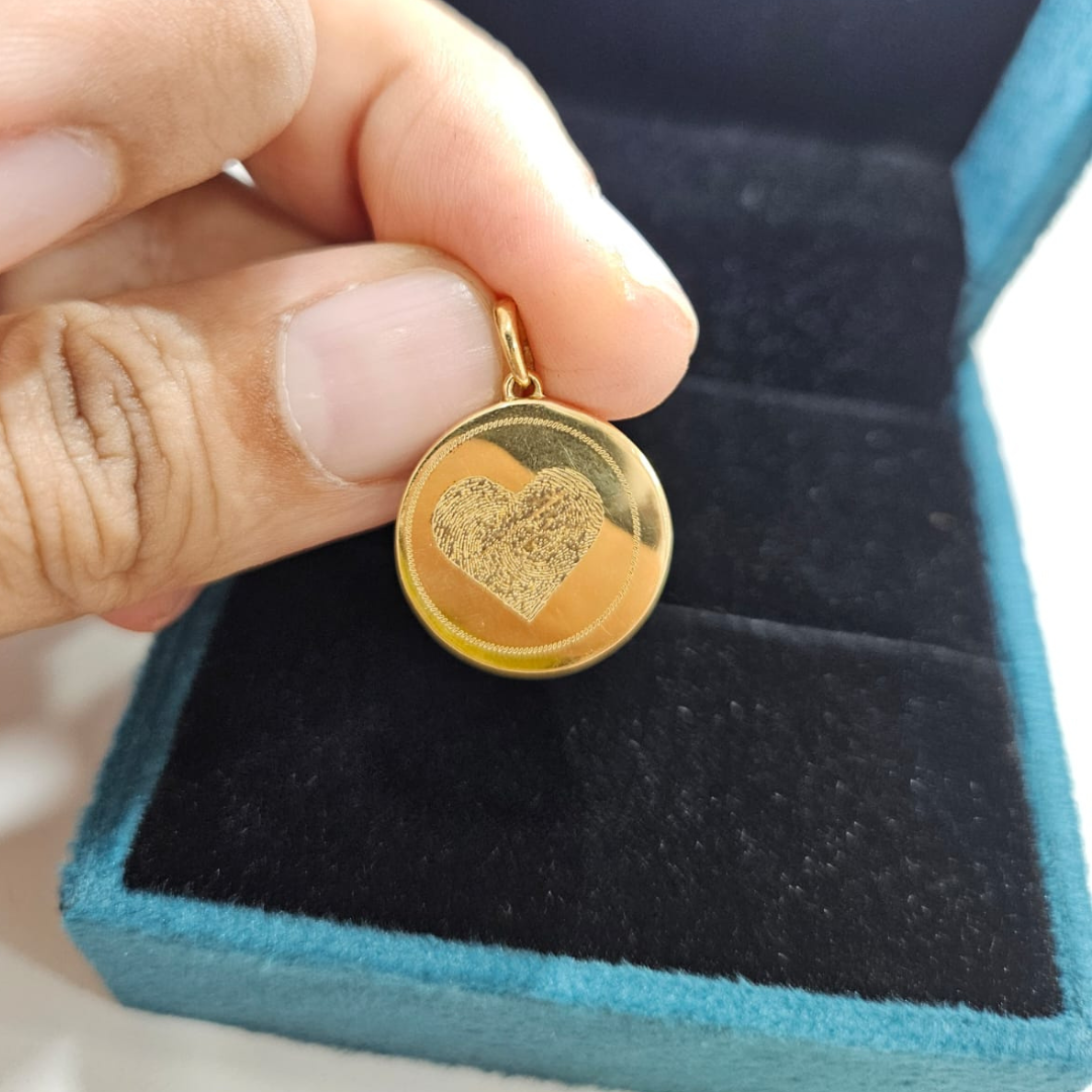 Gold Pendant with Baby Hand imprint and custom engraving by Vai Ra