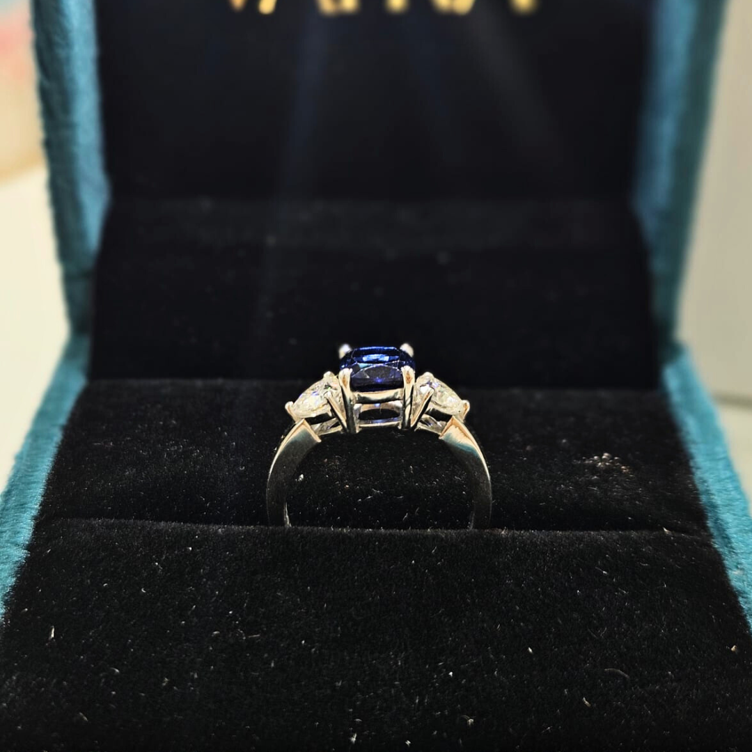 Blue Saphhire Three stone ring in Moissanite and Lab Diamond by Vai Ra