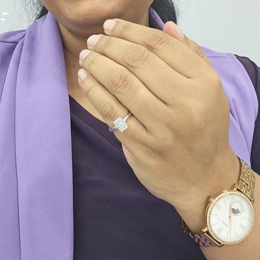 Radiant Cut Solitaire Ring in Moissanite and Lab Grown Diamond