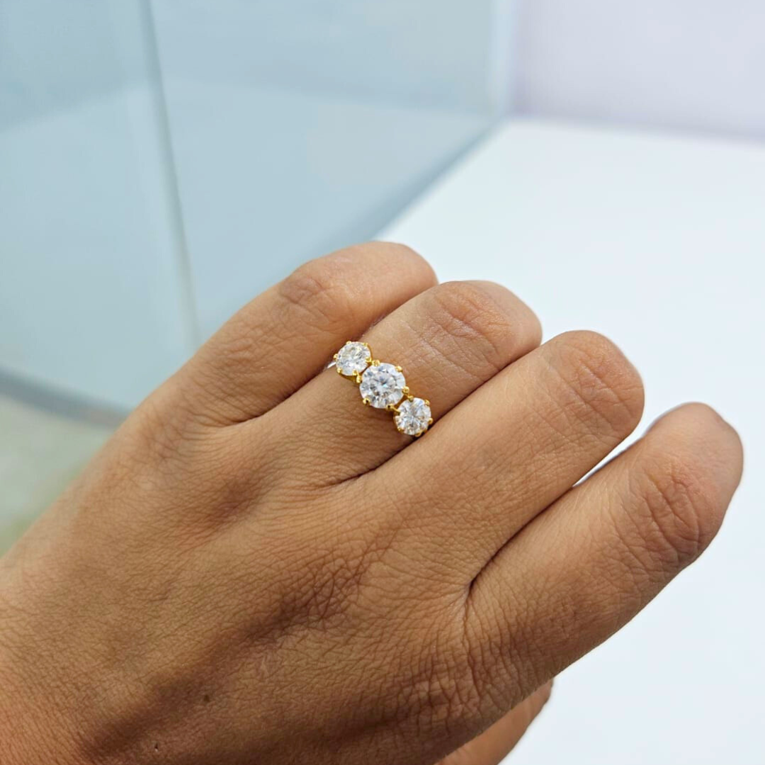 Alvira Threestone Ring in Moissanite and Gold
