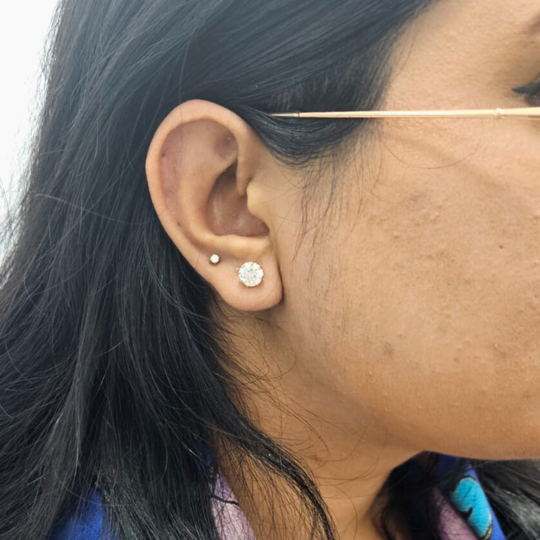 Close-up of an ear with earrings and a blurred background