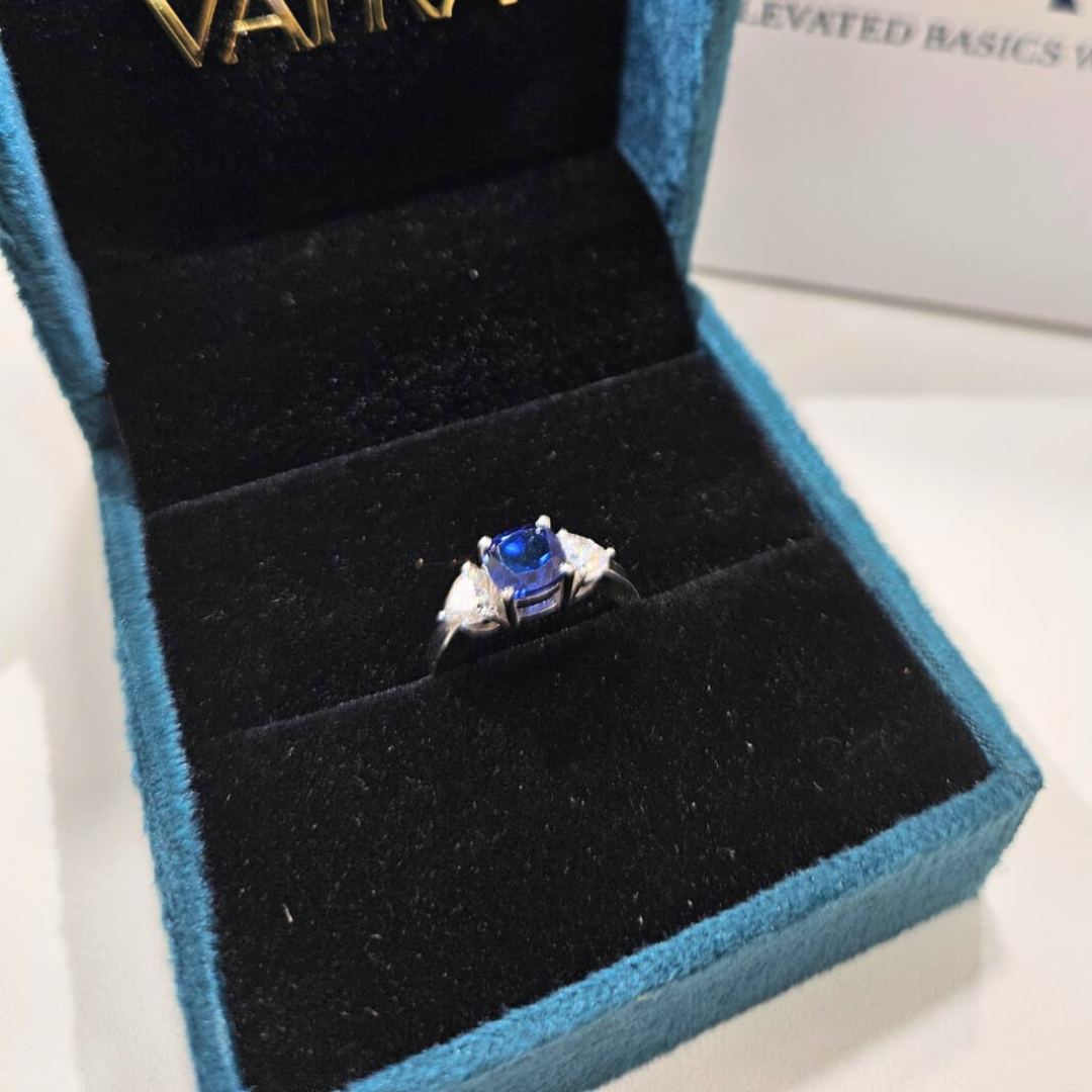 Blue Saphhire Three stone ring in Moissanite and Lab Diamond by Vai Ra