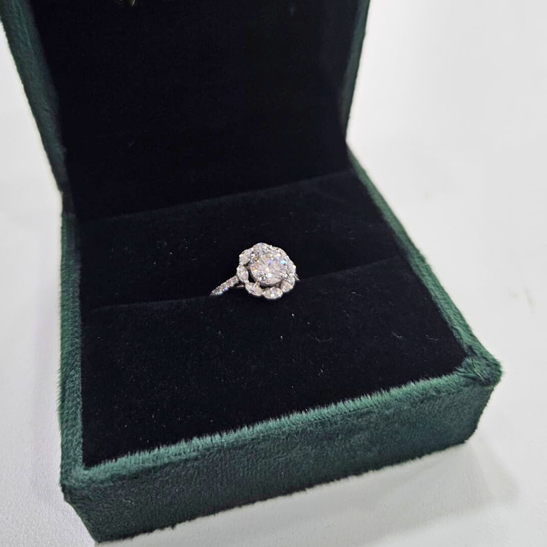 Leena Halo Ring in Gold and Platinum, Lab diamond and Moissanite by Vai Ra