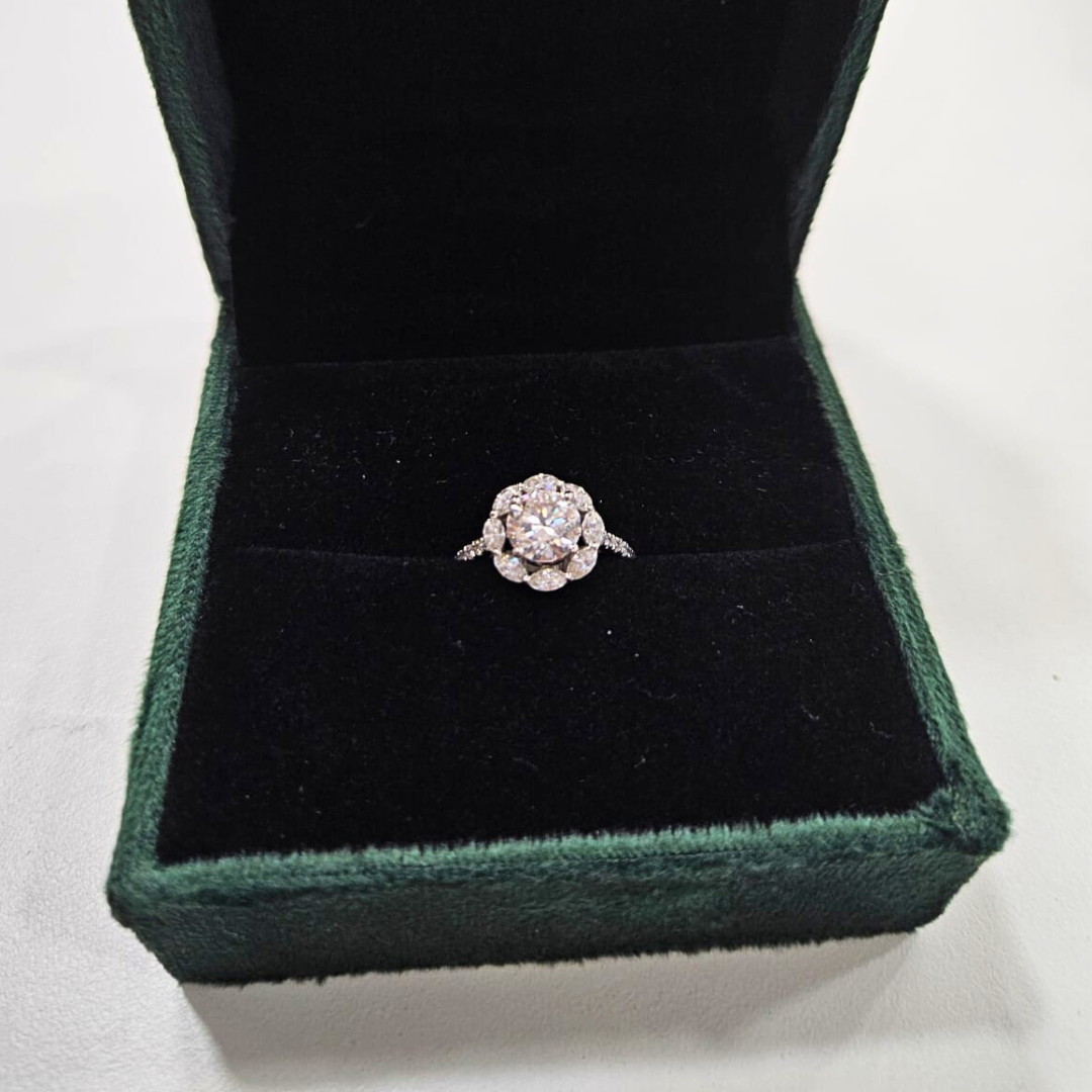 Leena Halo Ring in Gold and Platinum, Lab diamond and Moissanite by Vai Ra