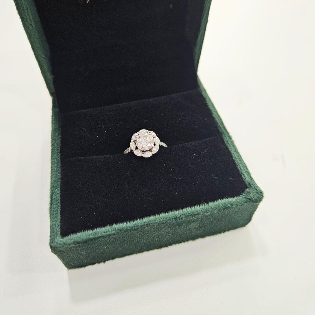 Leena Halo Ring in Gold and Platinum, Lab diamond and Moissanite by Vai Ra