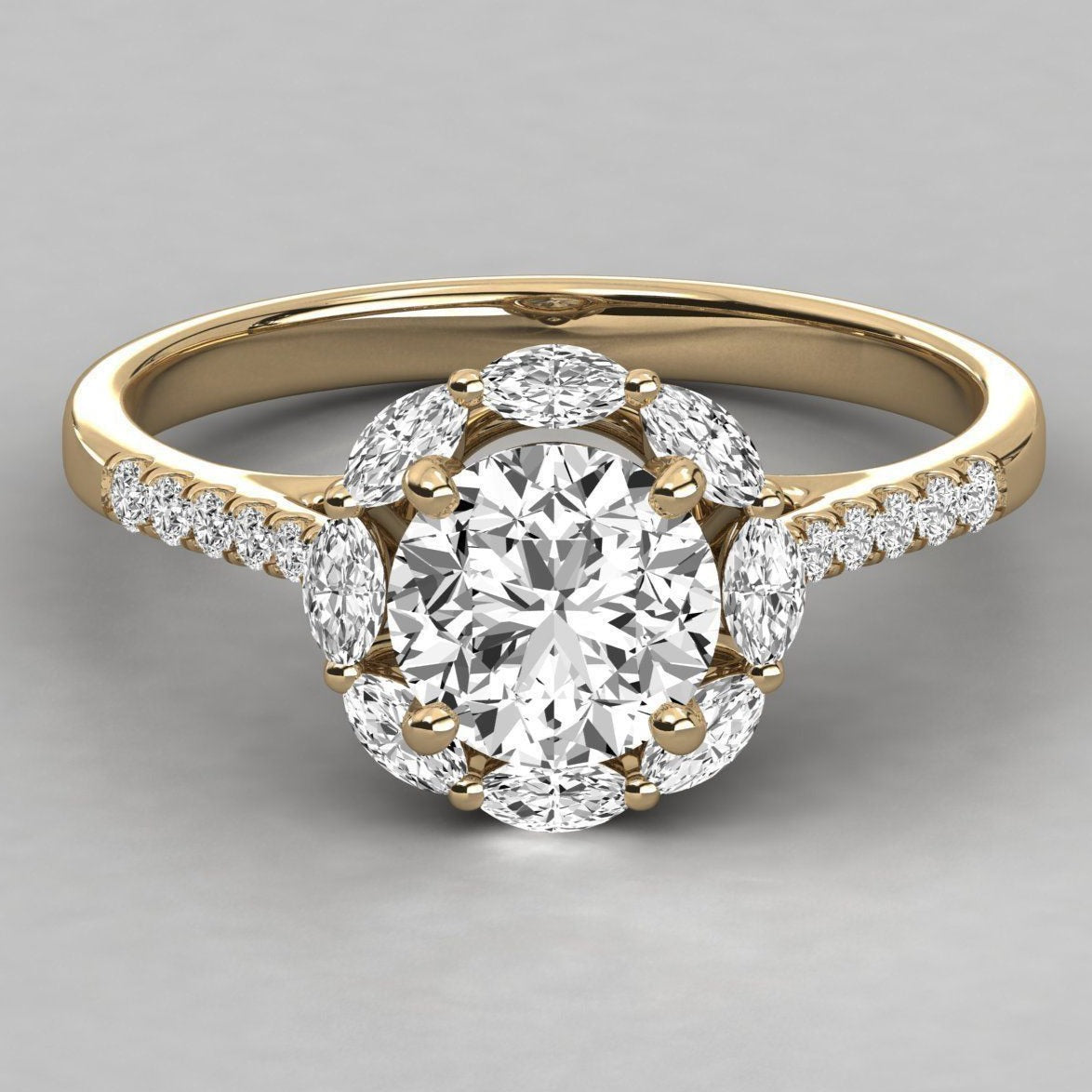 Leena Halo Ring in Gold and Platinum, Lab diamond and Moissanite by Vai Ra