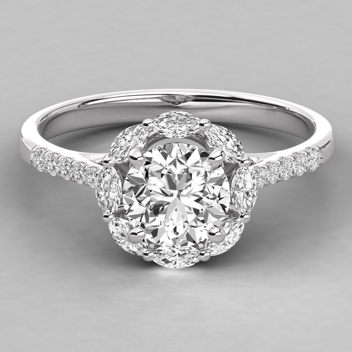 Leena Halo Ring in Gold and Platinum, Lab diamond and Moissanite by Vai Ra