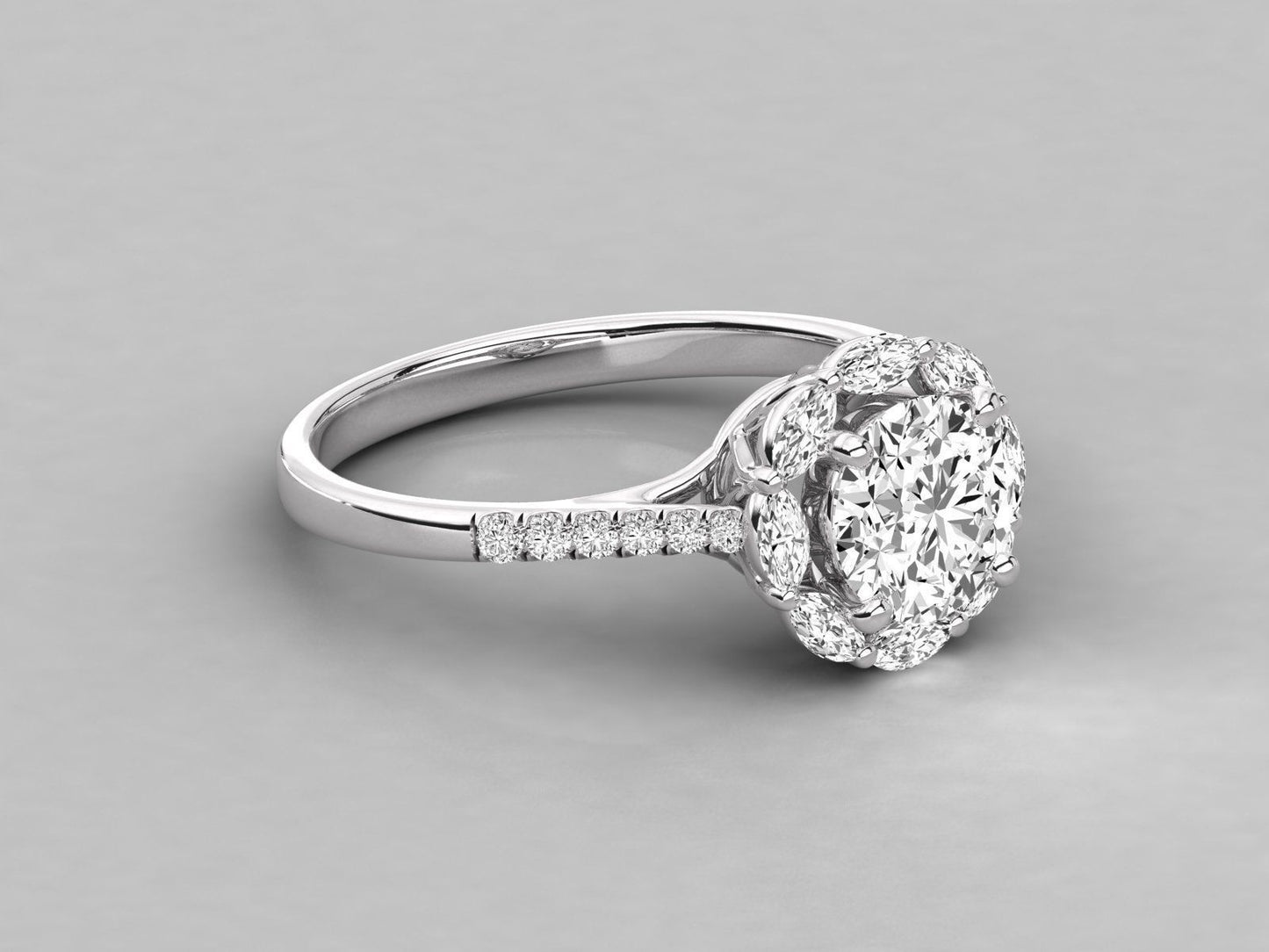 Leena Halo Ring in Gold and Platinum, Lab diamond and Moissanite by Vai Ra