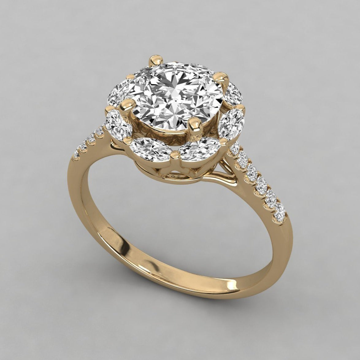 Leena Halo Ring in Gold and Platinum, Lab diamond and Moissanite by Vai Ra