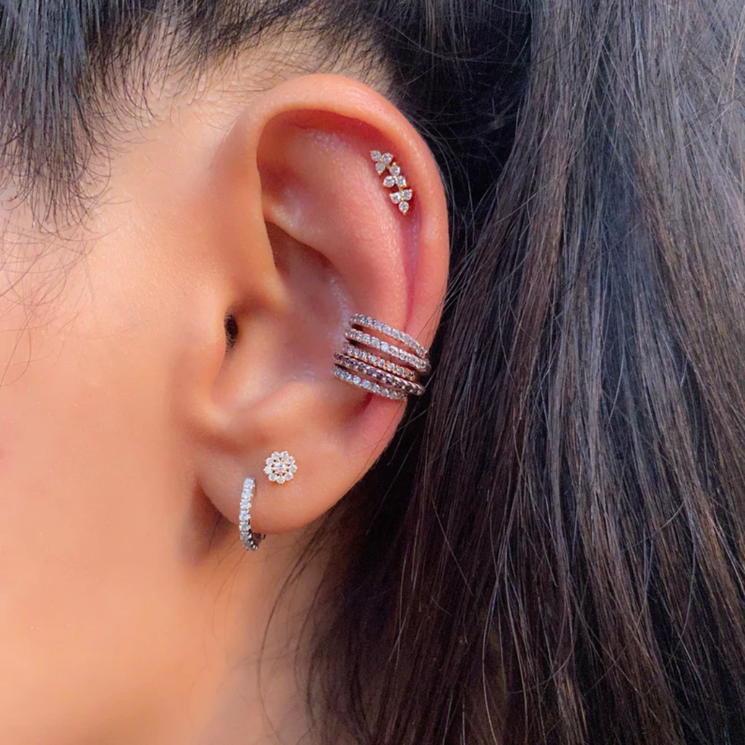 Three flower ear piercing in Lab diamond and Moissanite by Vai Ra