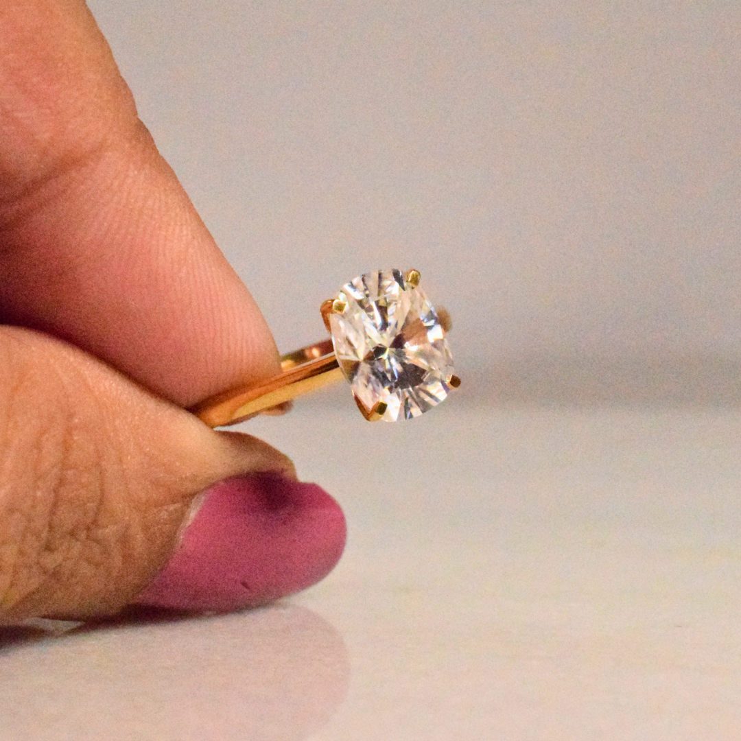 Elongated Cushion Moissanite Diamond in Gold and Silver