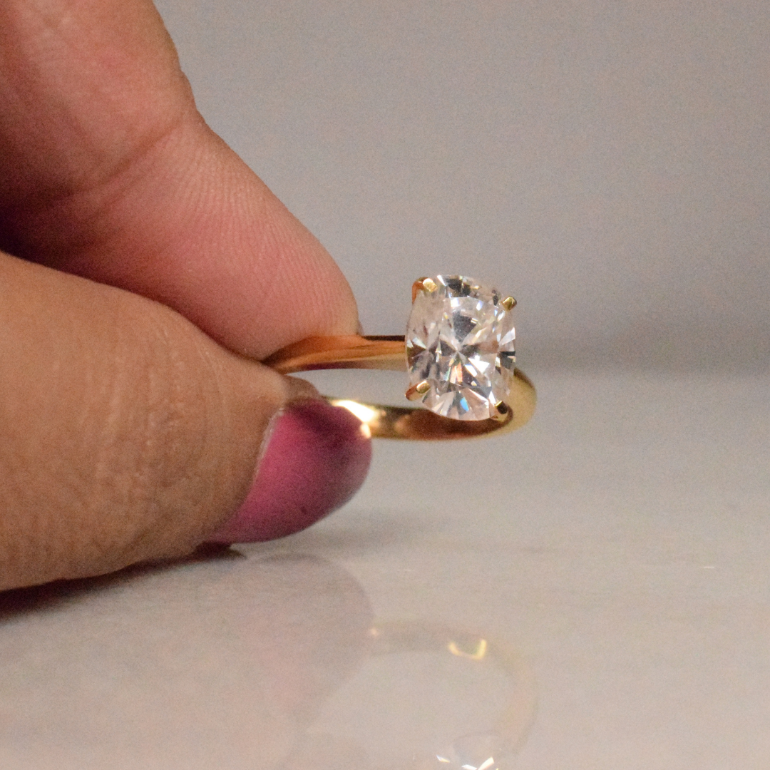 Elongated Cushion Moissanite Diamond in Gold and Silver
