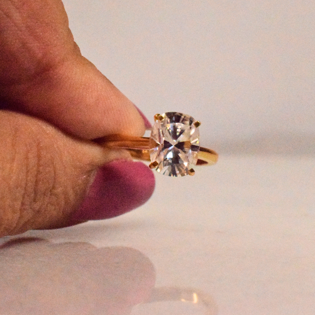 Elongated Cushion Moissanite Diamond in Gold and Silver