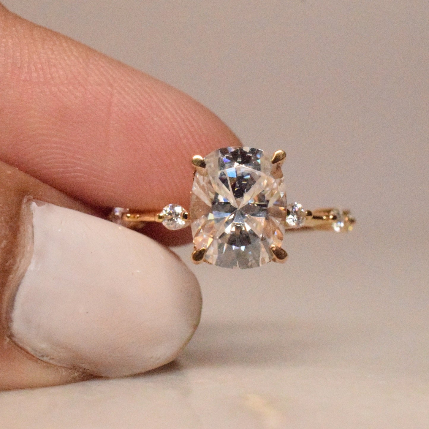 Moissanite Elongated Cushion cut diamond ring