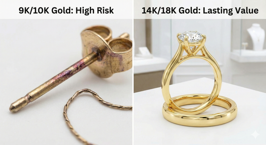Split image showing tarnished 9K/10K gold earring versus a brilliant, polished 18K gold diamond engagement ring and wedding band.