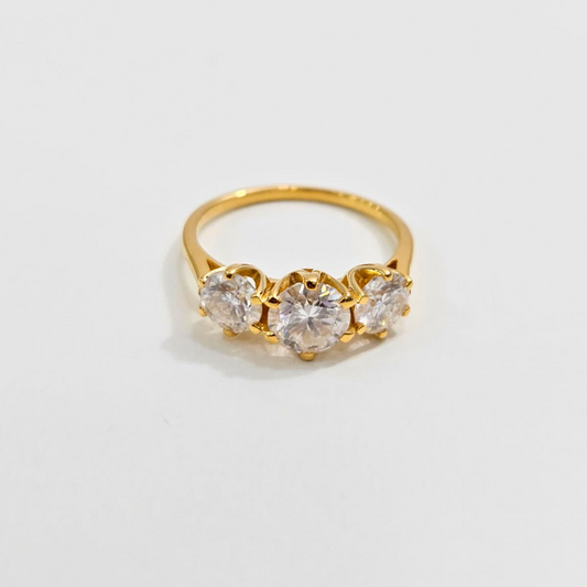 Alvira Threestone Ring in Moissanite and Gold