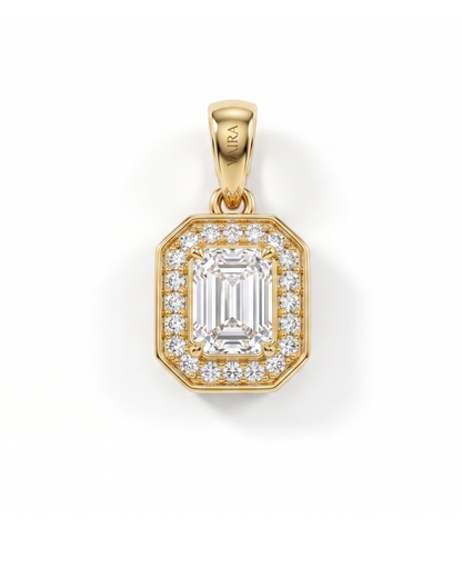 Shreya Emerald cut Halo Pendant by Vai Ra in Lab diamond or Moissanite