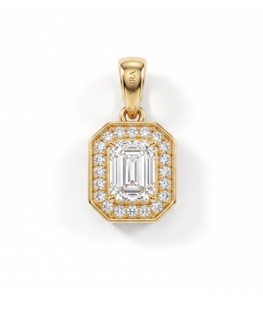 Shreya Emerald cut Halo Pendant by Vai Ra in Lab diamond or Moissanite
