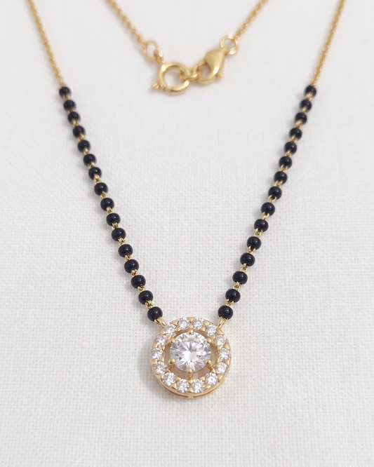 Trishna Halo Mangalsutra in Moissanite or Lab Diamond with black beads by Vai Ra