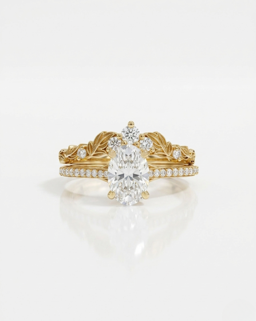 Mina Ring set with Oval Solitaire and V Leaf by Vai Ra in Moissanite and Lab diamond