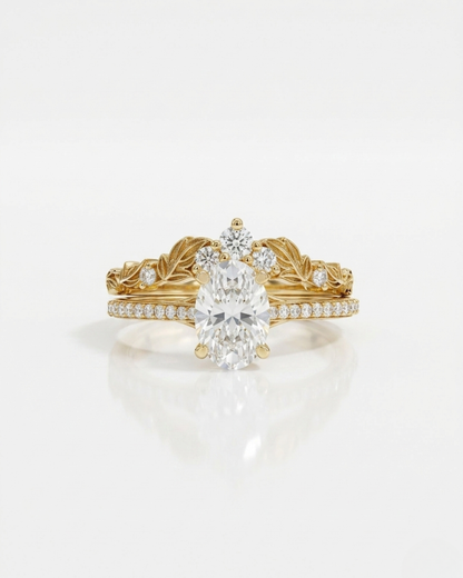 Mina Ring set with Oval Solitaire and V Leaf by Vai Ra in Moissanite and Lab diamond