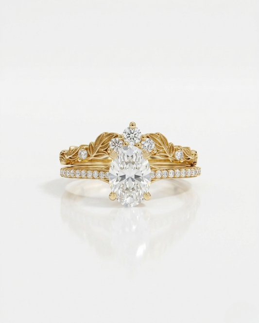 Mina Ring set with Oval Solitaire and V Leaf by Vai Ra in Moissanite and Lab diamond