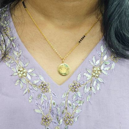 Gold Pendant with Baby Hand imprint  and custom engraving by Vai Ra