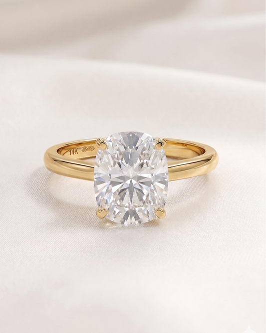 Elongated Cushion Moissanite Diamond in Gold and Silver