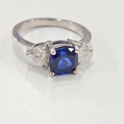 Blue Saphhire Three stone ring in Moissanite and Lab Diamond by Vai Ra