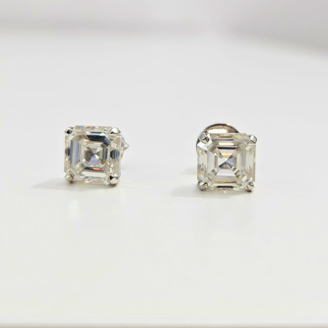 Asscher Solitaire Moissanite Earring (4.7 CT in 18KT Gold)
